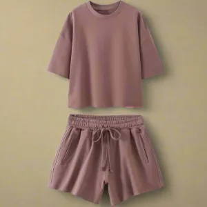 Women’s Washed-Effect 2-Piece Lounge Set – Short Sleeve Top & Lace-Up Shorts