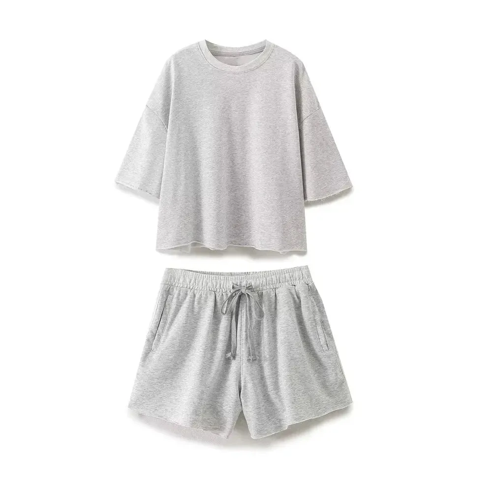 Women’s Washed-Effect 2-Piece Lounge Set – Short Sleeve Top & Lace-Up Shorts