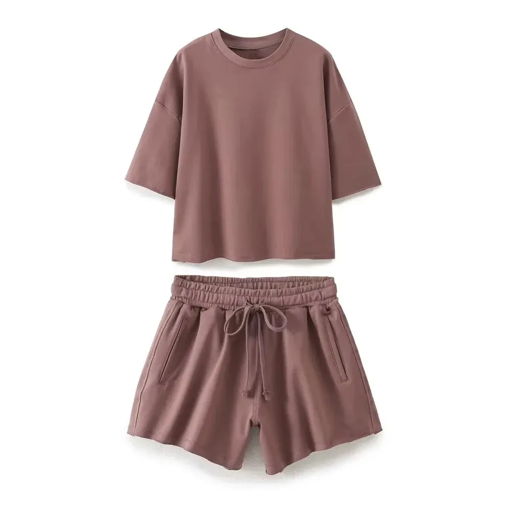 Women’s Washed-Effect 2-Piece Lounge Set – Short Sleeve Top & Lace-Up Shorts