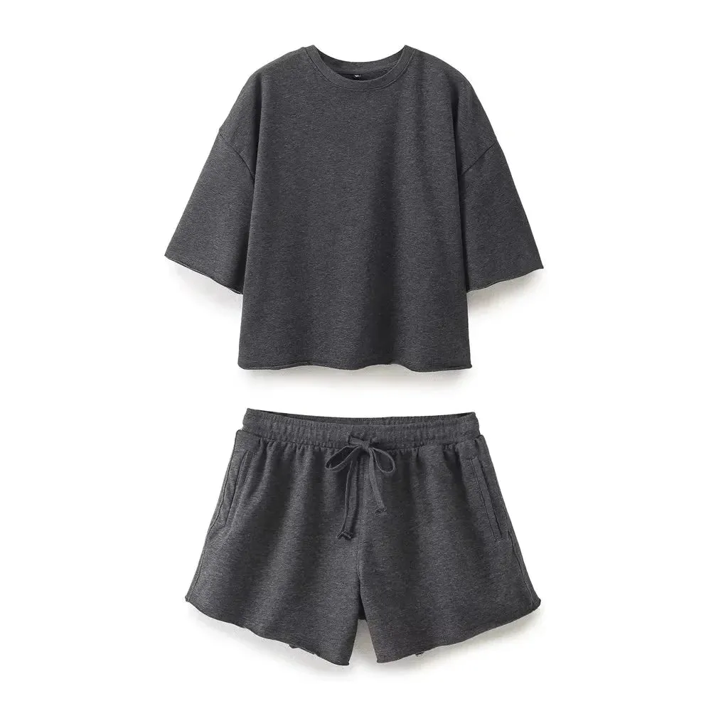 Women’s Washed-Effect 2-Piece Lounge Set – Short Sleeve Top & Lace-Up Shorts