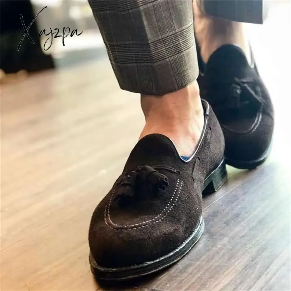 Xajzpa - Fashion Loafers Men Shoes Classic Business Casual Wedding Party Daily Retro Round Toe Tassel Faux Suede Solid Color Dress Shoes