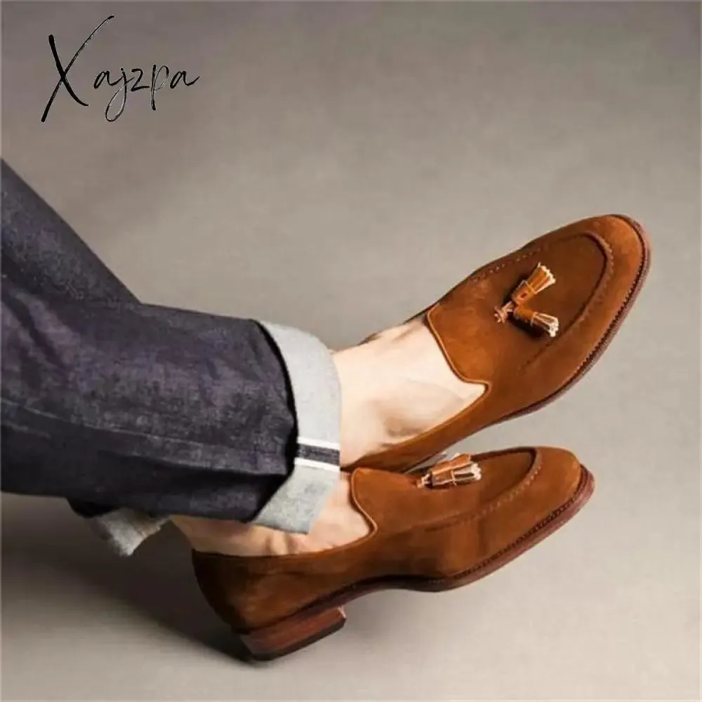Xajzpa - Fashion Loafers Men Shoes Classic Business Casual Wedding Party Daily Retro Round Toe Tassel Faux Suede Solid Color Dress Shoes
